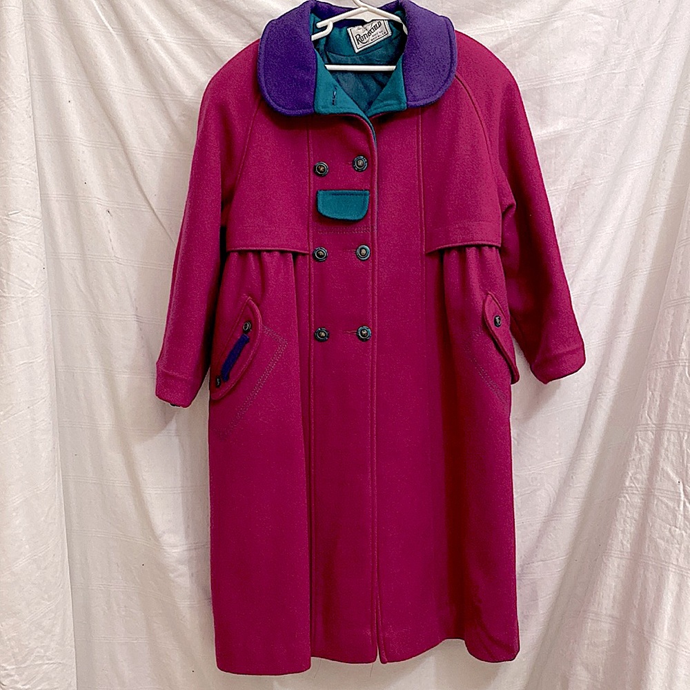 Rothschild Girls' Fuchsia Pea Coat with Purple Collar and Teal Accents